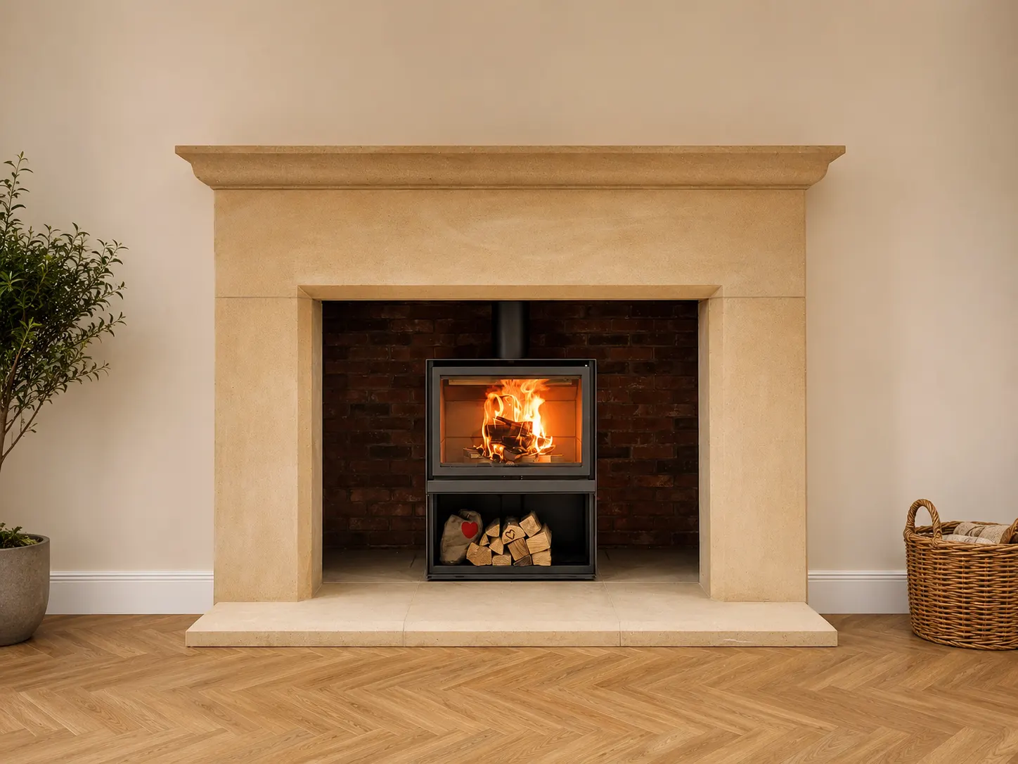 Wood burner installation in Wilmslow with a bespoke stone fireplace